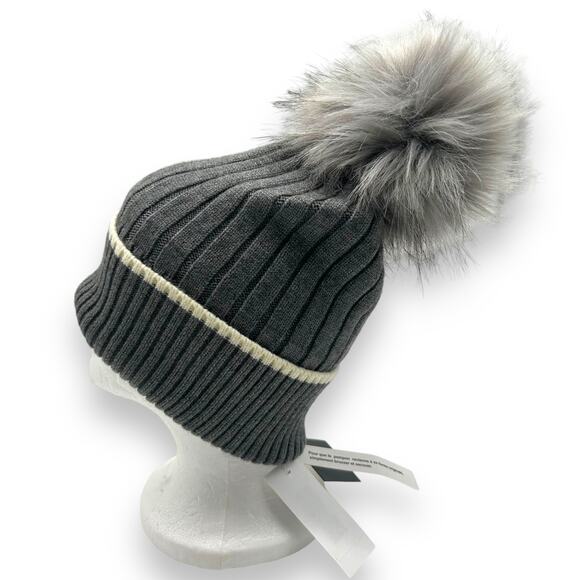 NEW Kyi Kyi Ribo fur beanie hat in gray fur pom pom winter bobble Bloomingdales - Picture 5 of 7